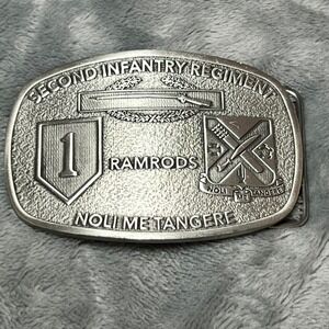 2nd Infantry Regiment Ramrods Belt Buckle Silver Tone 3.5x2.5 Inches Military GI